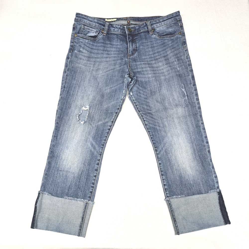 Kut from the Kloth Cameron Straight Leg Jeans Blue Distressed Cuffed Hem Size 14